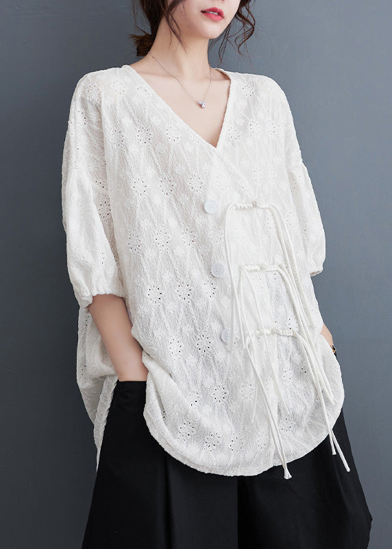 Chic White V Neck Print Tassel Solid Lace Shirt Summer