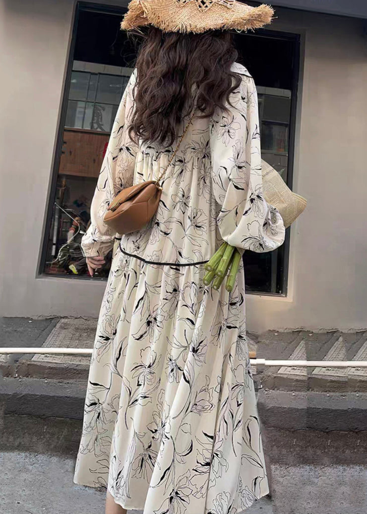 Chic White V Neck Print Wrinkled Patchwork Cotton Long Dresses Fall