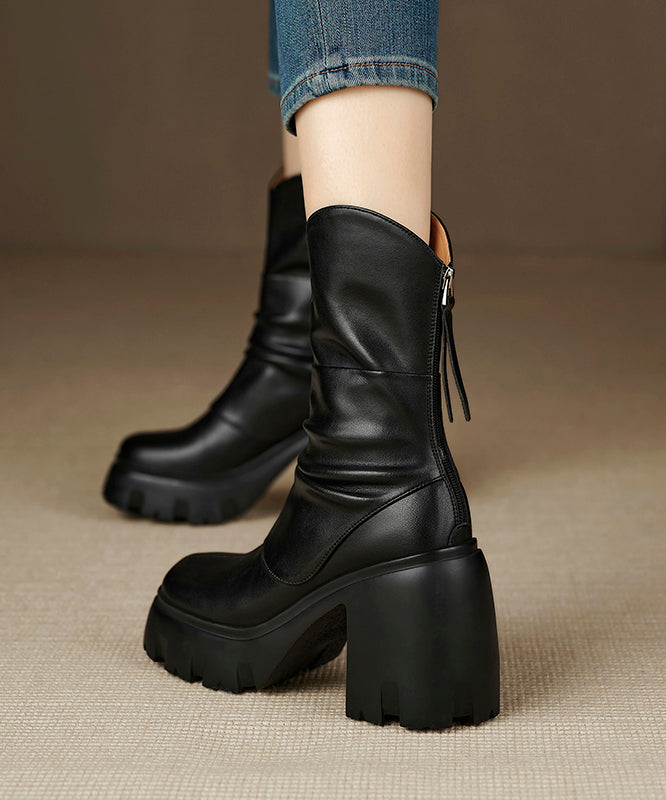 Chic Wrinkled Zippered Splicing Chunky Boots Black Cowhide Leather