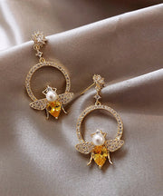 Chic Yellow Alloy Crystal Zircon Bee Hoop Earrings