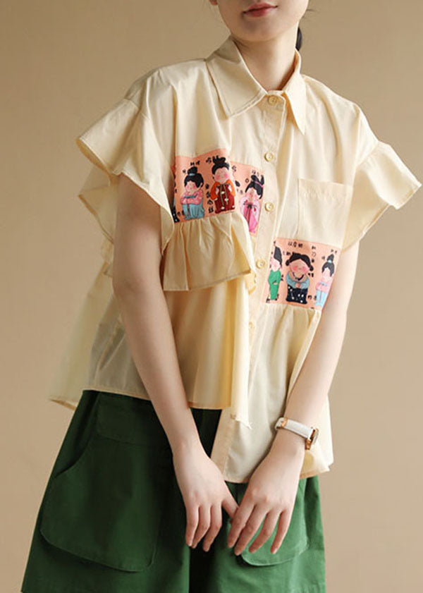 Chic Yellow Asymmetrical Patchwork Ruffles Print Cotton Blouse Top Short Sleeve