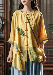 Chic Yellow Asymmetrical Patchwork Wrinkled Linen Shirt Summer