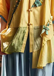 Chic Yellow Asymmetrical Patchwork Wrinkled Linen Shirt Summer