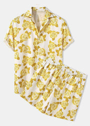 Chic Yellow Button Print Cotton Men Two Pieces Set Short Sleeve