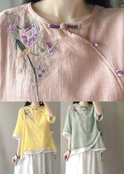 Chic Yellow Embroideried Patchwork Linen Shirt Tops Summer