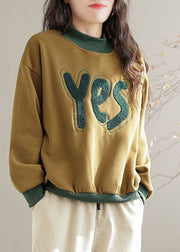 Chic Yellow Embroideried Patchwork Warm Fleece Pullover Sweatshirt Spring