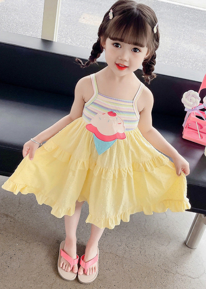 Chic Yellow Embroideried Ruffled Patchwork Girls Slip Mid Dress Sleeveless