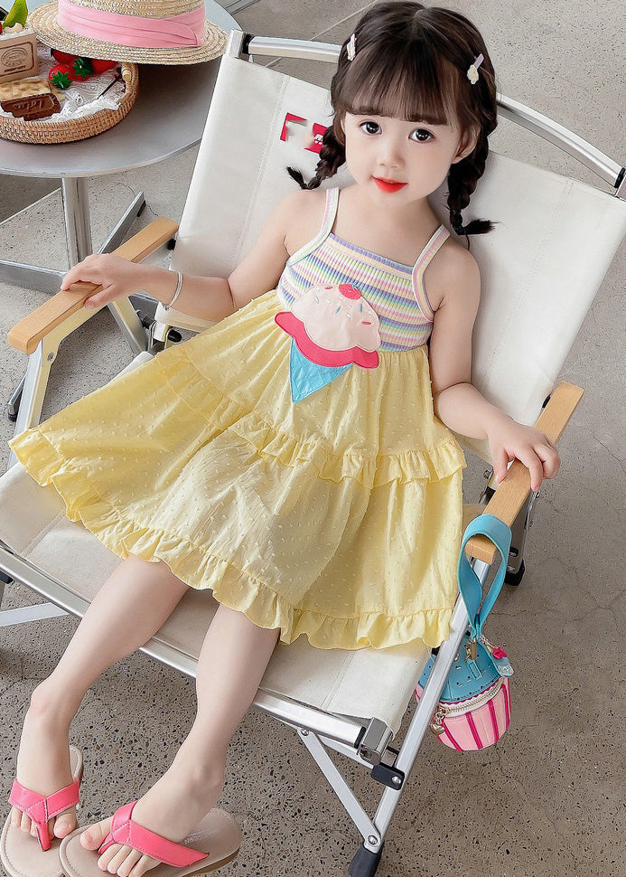 Chic Yellow Embroideried Ruffled Patchwork Girls Slip Mid Dress Sleeveless