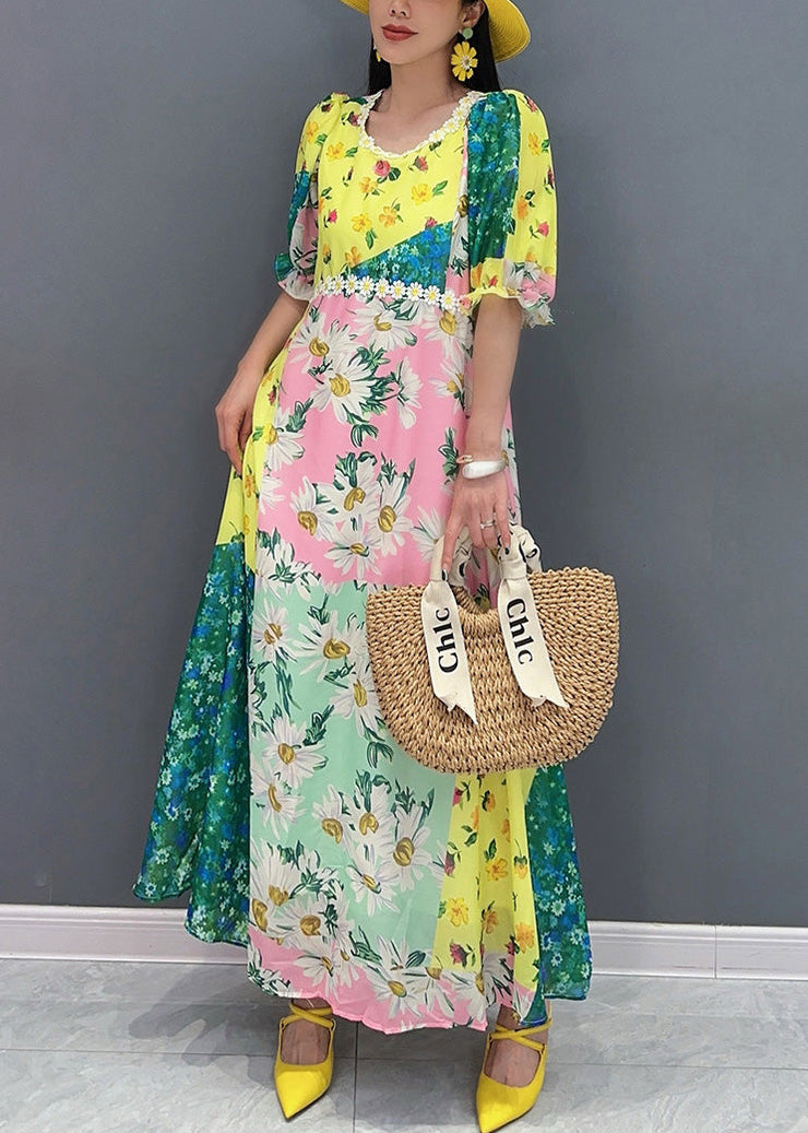 Chic Yellow O-Neck Print Patchwork Cotton Long Dress Summer