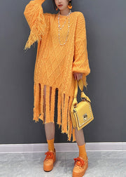 Chic Yellow O-Neck Tassel Knit Long Dresses Fall