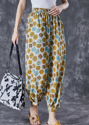 Chic Yellow Oversized Print Pockets Linen Silk Pants Summer