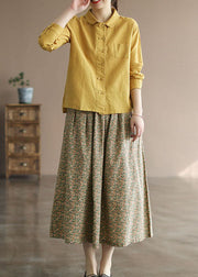 Chic Yellow Peter Pan Collar Button Patchwork Linen Shirts Tops Spring