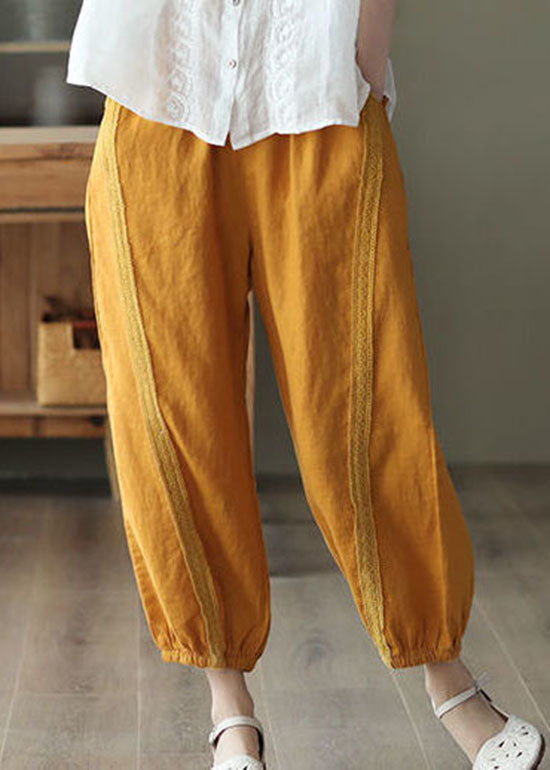 Chic Yellow Pockets Patchwork Linen Harem Pants Summer