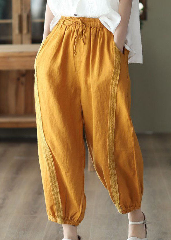 Chic Yellow Pockets Patchwork Linen Harem Pants Summer