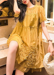 Chic Yellow Ruffled Floral Patchwork Chiffon Dresses Summer