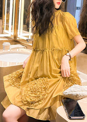 Chic Yellow Ruffled Floral Patchwork Chiffon Dresses Summer