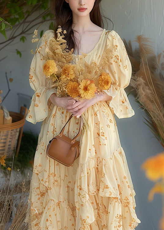 Chic Yellow Ruffled Print Chiffon Dress Flare Sleeve