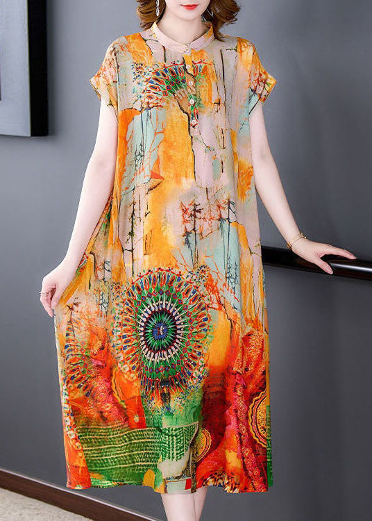 Chic Yellow Stand Collar Print Patchwork Silk Dress Summer