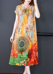 Chic Yellow Stand Collar Print Patchwork Silk Dress Summer