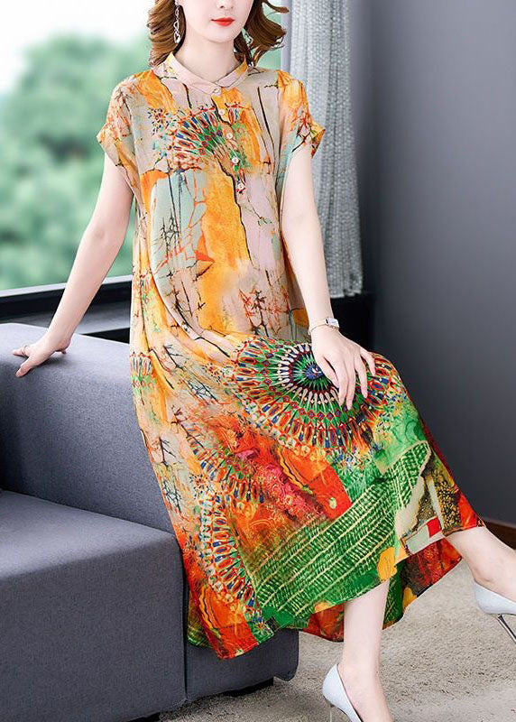 Chic Yellow Stand Collar Print Patchwork Silk Dress Summer