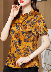 Chic Yellow Stand Collar Print Tassel Oriental Silk Shirts Short Sleeve