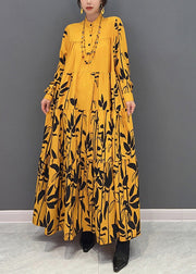 Chic Yellow Stand Collar Print Wrinkled Button Maxi Dresses Long Sleeve