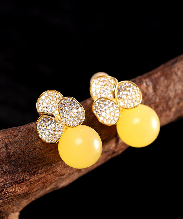 Chic Yellow Sterling Silver Overgild Beeswax Floral Stud Earrings