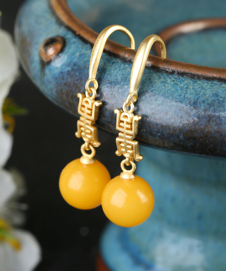 Chic Yellow Sterling Silver Overgild Inlaid Spheroidal Beeswax Drop Earrings