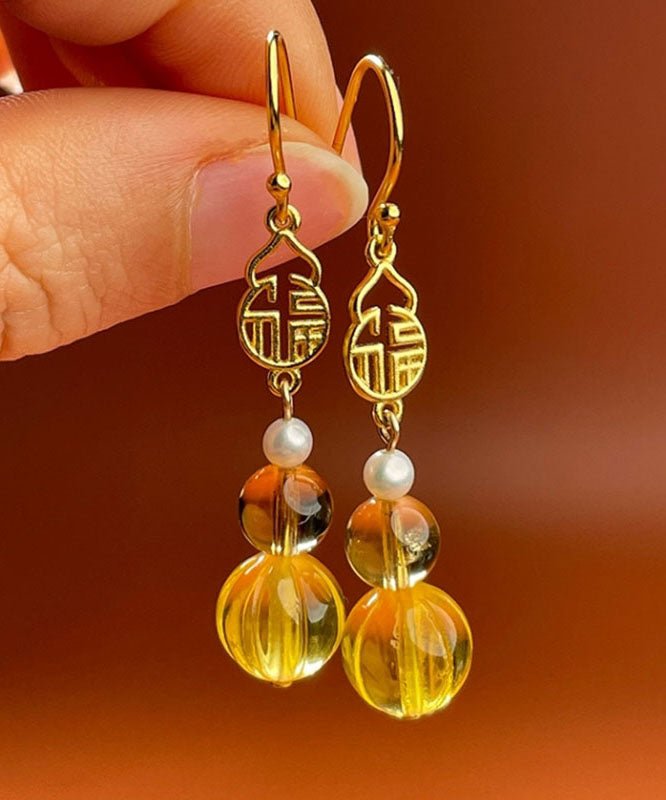 Chic Yellow Sterling Silver Overgild Pearl Crystal Amber Graphic Drop Earrings