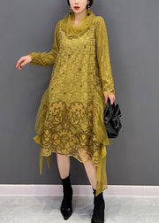 Chic Yellow Turtleneck Embroideried Tulle Holiday Dress Long Sleeve