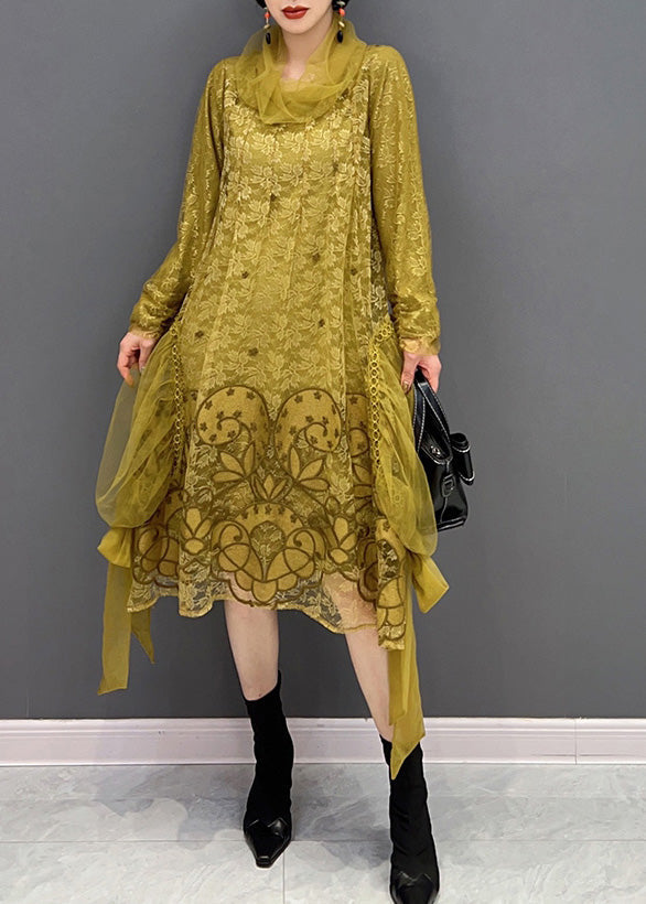 Chic Yellow Turtleneck Embroideried Tulle Holiday Dress Long Sleeve