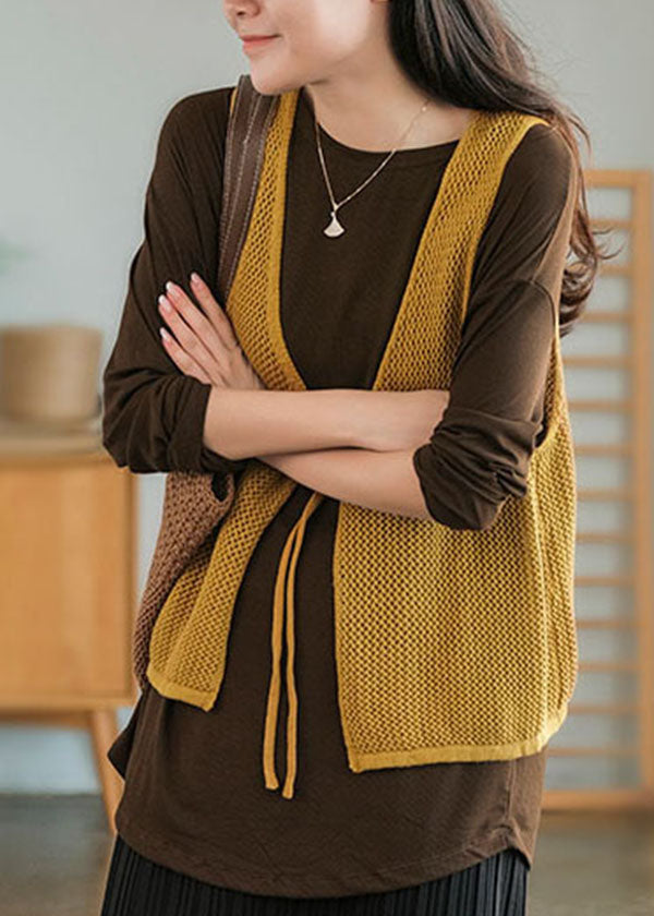 Chic Yellow V Neck Hollow Out Tie Waist Knit Vests Fall