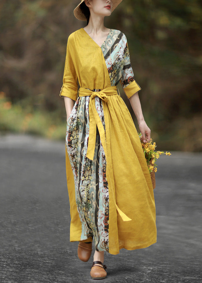 Chic Yellow V Neck Tie Waist Patchwork Cotton Maxi Dresses Half Sleeve