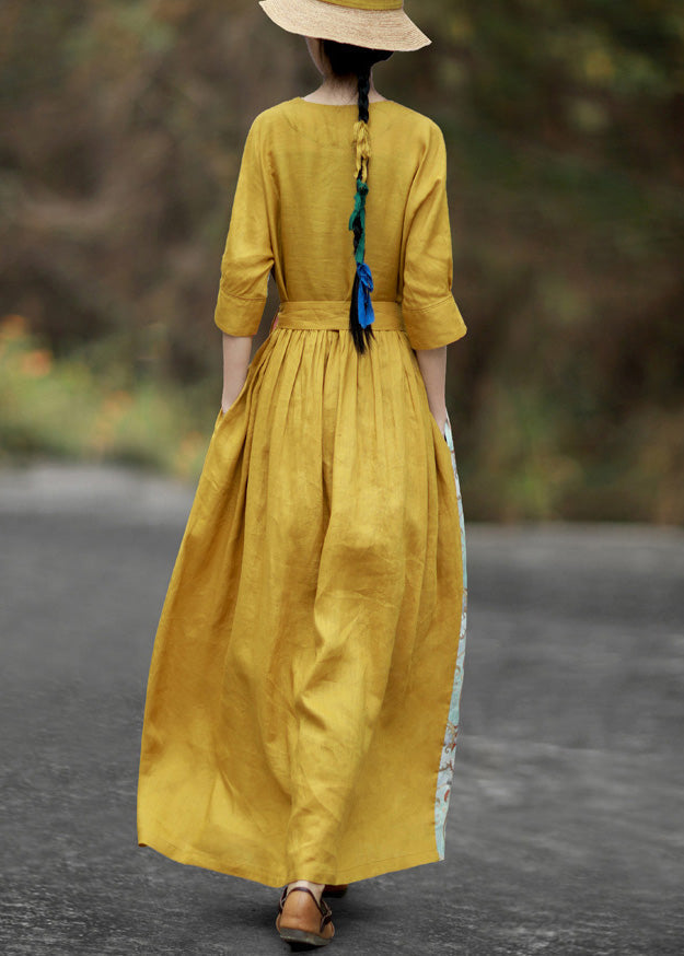 Chic Yellow V Neck Tie Waist Patchwork Cotton Maxi Dresses Half Sleeve