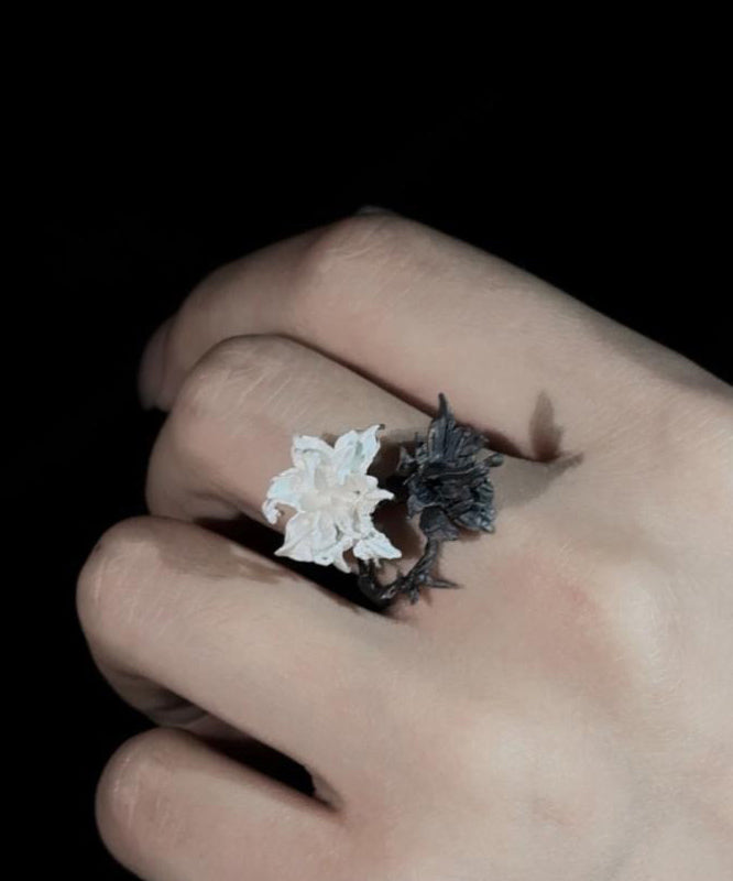 Chice Black White Stering Silver Floral Rings