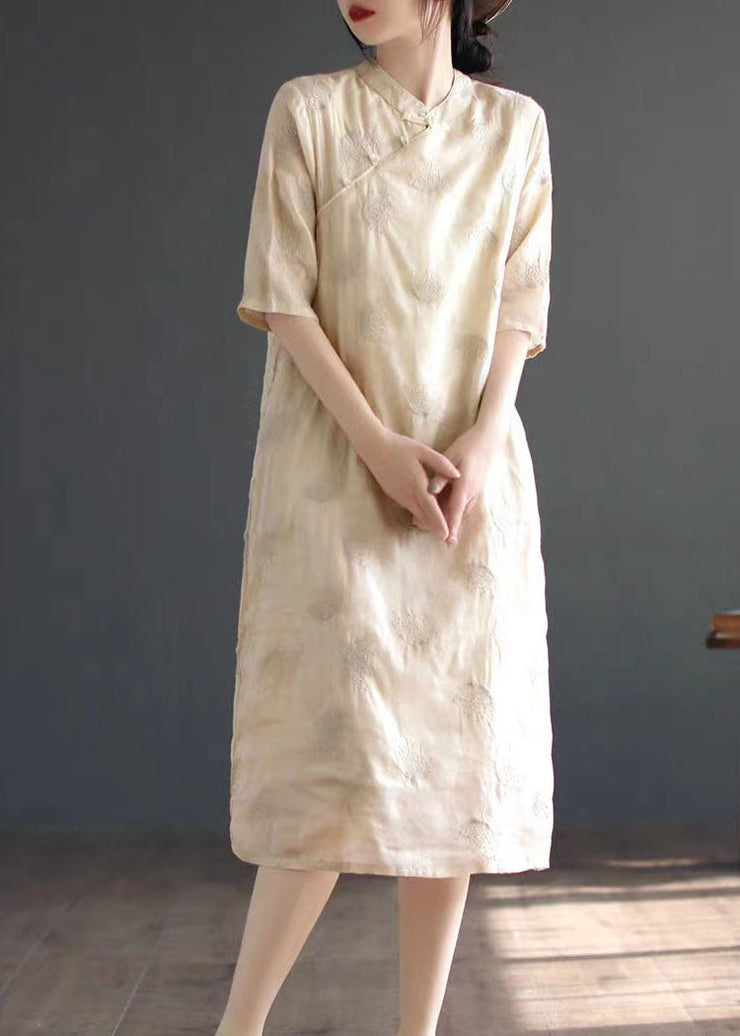 Chinese Style Apricot Embroideried Button Patchwork Linen Dress Summer