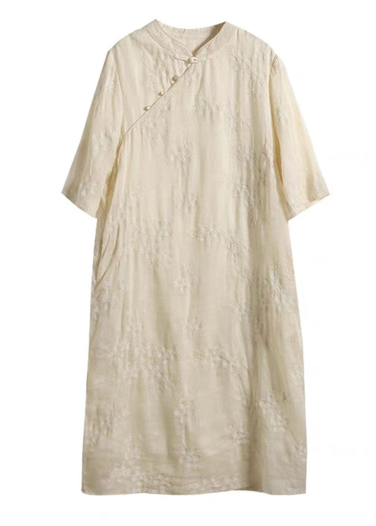 Chinese Style Apricot Embroideried Button Patchwork Linen Dress Summer