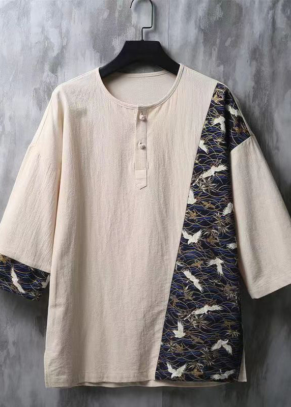 Chinese Style Beige Embroidered Patchwork Linen Mens T Shirts Summer