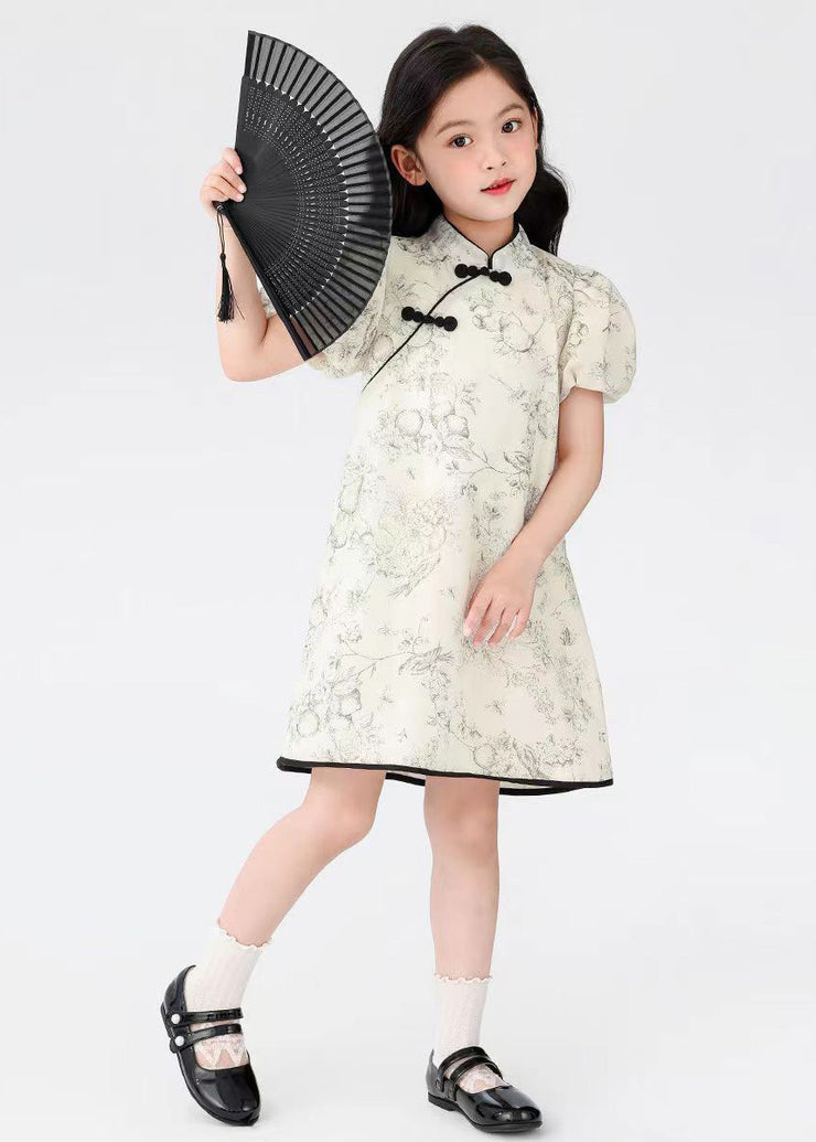 Chinese Style Beige Stand Collar Print Button Kids Mid Dress Short Sleeve