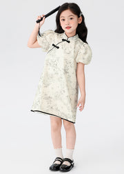 Chinese Style Beige Stand Collar Print Button Kids Mid Dress Short Sleeve