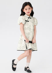 Chinese Style Beige Stand Collar Print Button Kids Mid Dress Short Sleeve