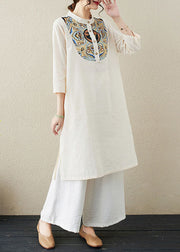 Chinese Style Beige Stand Collar Print Patchwork Linen Mid Dresses Summer