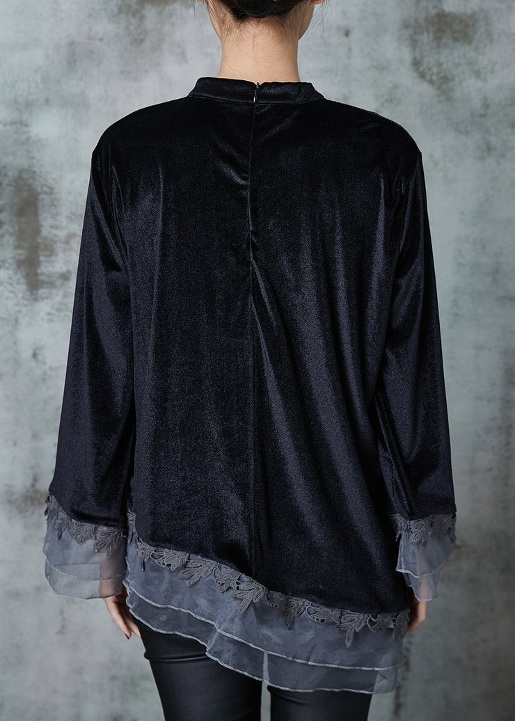 Chinese Style Black Asymmetrical Patchwork Silk Velour Shirt Tops Spring