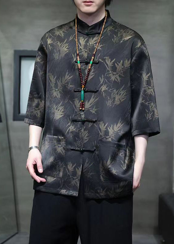 Chinese Style Black Button Pockets Ice Silk Men Shirt Summer