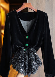 Chinese Style Black Button Sequins Patchwork Silk Velour Coats Fall