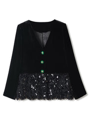 Chinese Style Black Button Sequins Patchwork Silk Velour Coats Fall