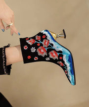 Chinese Style Black Flower Embroidered Pointed Toe Short Boots