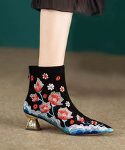 Chinese Style Black Flower Embroidered Pointed Toe Short Boots