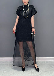 Chinese Style Black Jacquard Tulle Patchwork Silk Long Dress Summer