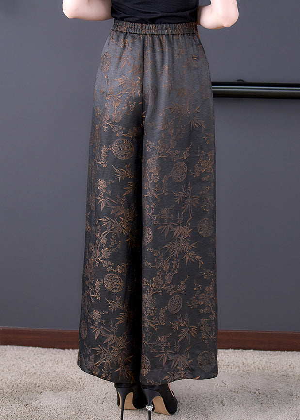 Chinese Style Black Lace Up Elastic Waist Silk Wide Leg Pants Summer